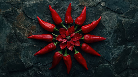 This striking composition features vibrant red chili peppers arranged in a circular pattern with a floral accent, set against a dark stone surface.の素材