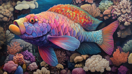 This stunning illustration showcases a colorful fish swimming gracefully through vibrant coral reefs. The intricate details emphasize the beauty and diversity of marine life, capturing the essence of an underwater paradise.の素材