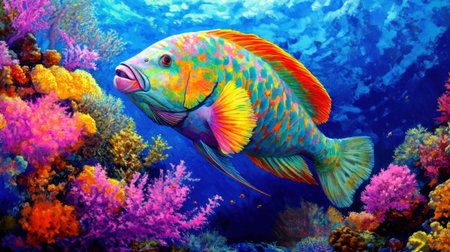 This stunning underwater scene features a colorful fish swimming amidst vibrant coral reefs. The clear blue waters highlight diverse marine life, creating a tranquil aquatic experience.の素材