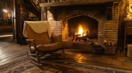 A serene scene featuring a cozy rocking chair next to a warm fireplace, providing a welcoming atmosphere perfect for relaxation in a rustic cabin.の素材