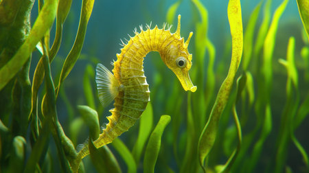 A stunning depiction of a yellow seahorse gracefully navigating through lush green marine vegetation, showcasing the beauty of underwater ecosystems.の素材