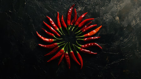 A striking circular arrangement of fresh red chili peppers set against a dark rustic background, perfect for culinary themes and food photography.の素材