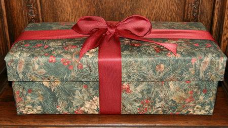 This image showcases a beautifully wrapped gift box adorned with a festive design, featuring a vibrant red satin ribbon, perfect for holiday celebrations.の素材