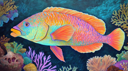 This stunning illustration showcases a vibrant tropical fish swimming gracefully among the colorful coral reefs, creating a mesmerizing underwater scene.の素材