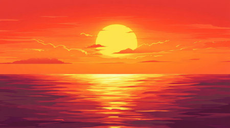 A stunning depiction of a vibrant sunset casting warm hues over a calm ocean, creating a serene and tranquil atmosphere with reflective waters.の素材