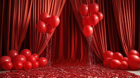 This vibrant red backdrop features a playful scene with balloons and shiny decorations, perfect for celebrations, events, or photography sessions.の素材