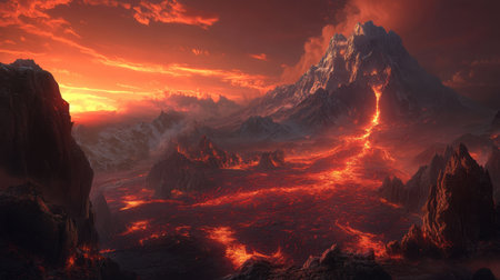 A stunning view of a volcanic eruption at sunset, showcasing a river of flowing lava against a backdrop of dramatic clouds and a colorful sky.の素材