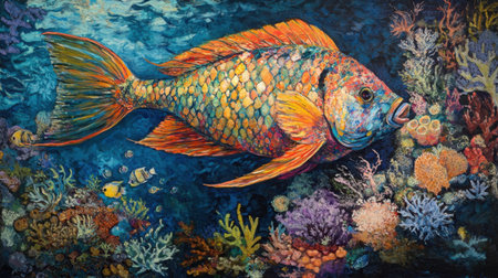 This stunning illustration features a vibrant fish swimming gracefully among a colorful coral reef. The scene captures the beauty and diversity of underwater life, showcasing a delicate balance of colors and textures in a vivid marine environment.の素材