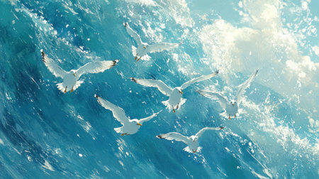 A stunning scene showcasing a flock of seagulls gracefully soaring above vivid turquoise waves, illuminated by bright sunlight. Perfect for nature lovers.の素材