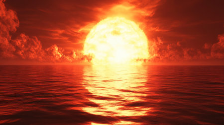 Experience the breathtaking beauty of a stunning sunset over calm ocean waters, with vibrant fiery colors illuminating the sky and creating reflections on the surface.の素材