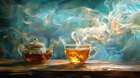 A beautiful still life featuring an elegant teapot next to a steaming cup of tea, surrounded by a captivating artistic background. The scene evokes warmth and tranquility.の素材