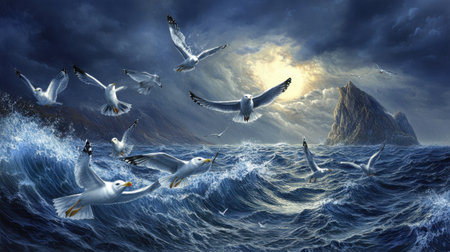 A breathtaking scene captures seagulls soaring over crashing waves, creating a vivid portrait of nature's raw beauty under a dramatic sky.の素材