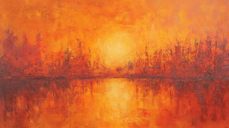 A breathtaking sunset casts vibrant orange and warm yellow hues across a calm water body, reflecting a tranquil landscape filled with silhouettes of trees.の素材