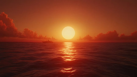 Capture a tranquil scene of a vibrant sunset over a calm ocean, featuring a silhouette of a boat on the horizon, evoking serenity and beauty.の素材