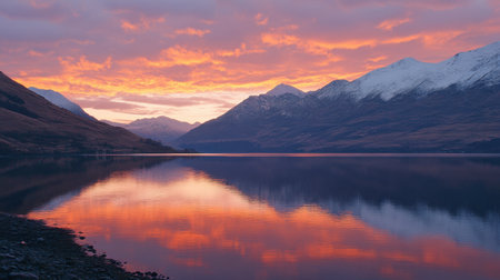 A stunning sunset scene over a tranquil lake, framed by majestic mountains and vibrant clouds. The calm water reflects the colorful sky, creating a perfect visual for nature lovers.の素材