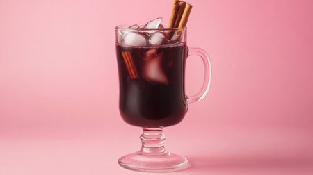 A visually appealing cold beverage presented in a clear glass with ice and cinnamon sticks, set against a soft pink background, perfect for summer enjoyment.の素材