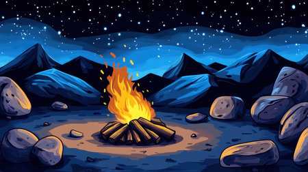 A serene campfire scene featuring flames dancing against a backdrop of majestic mountains and a star-filled sky. Perfect for evoking adventure and tranquility.の素材
