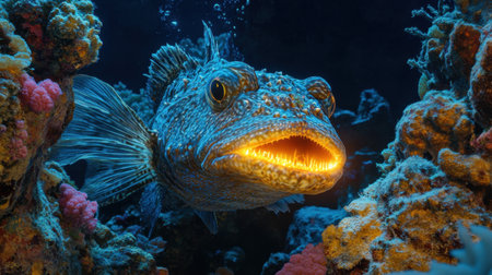 Experience a captivating underwater scene featuring a vivid fish with a glowing mouth amidst colorful coral. This image highlights marine biodiversity and vibrant ocean life.の素材