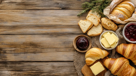 Indulge in a delightful breakfast scene featuring freshly baked croissants, creamy butter, rich jam, and artisanal bread. Perfect for morning rituals.の素材