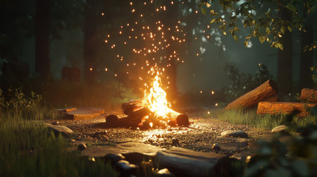 A serene campfire flickers in a tranquil forest setting at night, surrounded by lush trees and sparkles of warmth illuminating the peaceful atmosphere.の素材