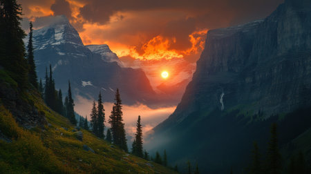 This stunning landscape captures a dramatic sunset over a mountain range, showcasing vibrant colors and serene greenery in the valley below.の素材