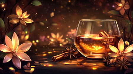 This enchanting image captures a cozy evening scene featuring a glass of whiskey. Surrounded by blooming flowers and soft light, it evokes comfort and tranquility. Perfect for themes of relaxation and indulgence.の素材