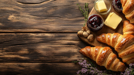 A delightful arrangement of freshly baked croissants paired with butter and jam rests on a rustic wooden table. Complemented by nuts and herbs, this image captures a cozy breakfast scene perfect for food lovers and culinary enthusiasts.の素材