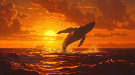 A breathtaking image of a whale breaching the surface of the ocean during a vibrant sunset, highlighting the beauty of marine life and nature.の素材