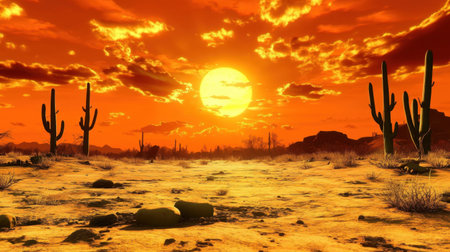 Breathtaking sunset paints the sky with hues of orange and gold over a tranquil desert landscape dotted with towering cacti. Perfect for nature themes.の素材