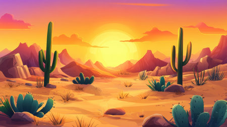 A stunning illustration of a desert landscape at sunset, featuring gentle sand dunes, tall cacti, rocky formations, and a vibrant sky. Ideal for nature themes.の素材