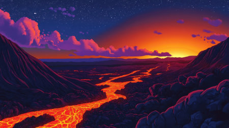 This captivating image showcases a vibrant lava flow winding through a dramatic landscape at twilight. The striking colors blend beautifully against the night sky, creating an enchanting scene.の素材