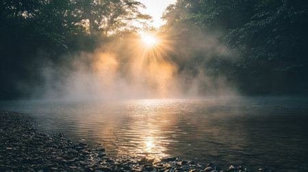 A breathtaking view of the sunrise casting golden rays over a misty river. The tranquil waters reflect the soft light, creating a serene atmosphere amidst lush greenery.の素材