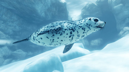 A beautiful seal swims gracefully through a serene underwater environment filled with glacial ice and bubbles, showcasing the elegance of marine wildlife.の素材