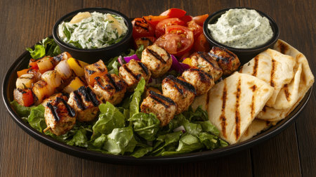 A beautifully arranged platter featuring grilled chicken skewers alongside fresh vegetables, dips, and flatbread, perfect for a flavorful meal experience.の素材