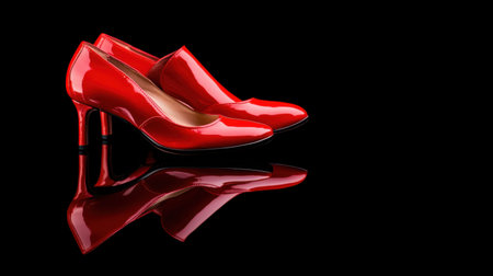 A pair of elegant red high heels with a glossy finish showcases style and sophistication. The shoes reflect beautifully against a black background.の素材