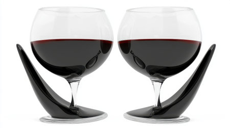Two elegant red wine glasses rest on stylish, artistic stands, perfect for enhancing celebrations, romantic dinners, or sophisticated gatherings.の素材