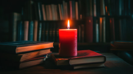 A red candle burns softly on a stack of worn books, creating a warm ambiance in a cozy library. The scene invites relaxation and contemplation.の素材