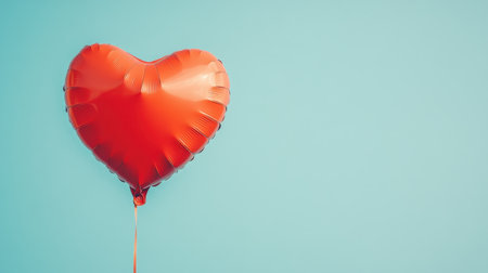 A vibrant red heart balloon floats against a light blue backdrop, symbolizing love and joy, ideal for use in celebration, event decoration, and affectionate themes.の素材