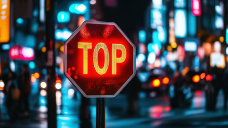 A striking red neon top sign stands out against a blurry backdrop of city lights and traffic at night, highlighting urban vibrancy and activity.の素材