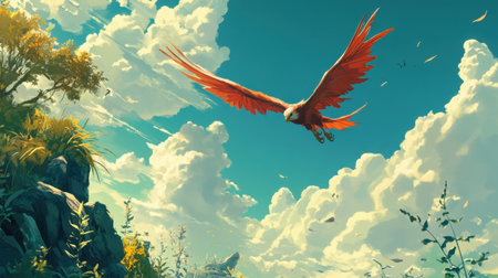 A stunning depiction of a vibrant red bird soaring through a bright blue sky filled with fluffy clouds, surrounded by lush greenery, creating a serene and dreamlike scene.の素材