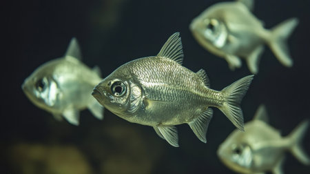 A captivating image of a school of silver fish gracefully swimming in clear water, showcasing the beauty of underwater life and natural habitat.の素材