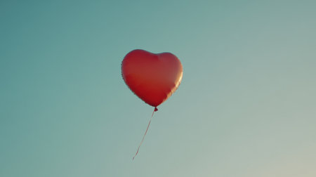A vibrant heart-shaped red balloon floats gracefully against a clear blue sky, representing love and joy, perfect for festive occasions or romantic themes.の素材