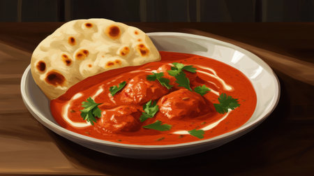 This tantalizing image showcases a plate of creamy red curry meatballs accompanied by soft naan bread and garnished with cilantro and yogurt, perfect for food lovers.の素材