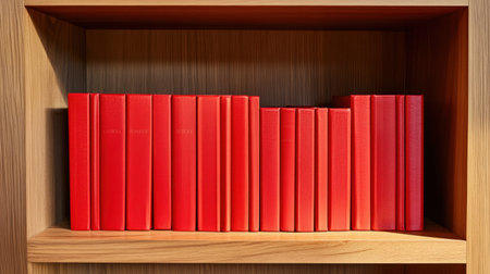 This image showcases a meticulously arranged collection of red hardcover books on a wooden shelf, creating a striking visual impact in a modern interior environment.の素材