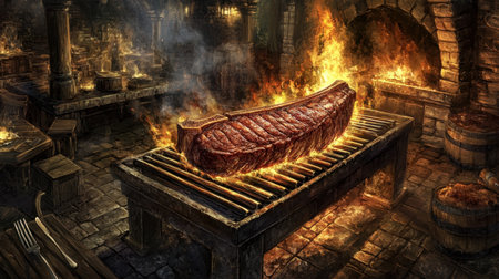 A striking image of a giant steak being cooked over an open flame in a rustic kitchen. The dramatic setting features stone walls, smoke, and an inviting atmosphere, perfect for culinary inspiration.の素材