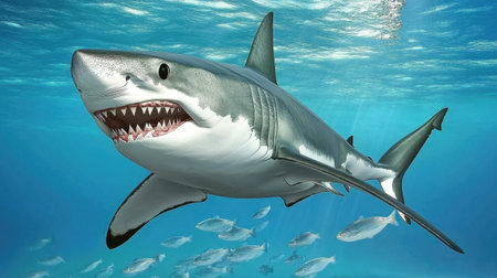 Discover the power and grace of a great white shark as it glides through the crystal-clear waters of the ocean, showcasing its impressive features.の素材