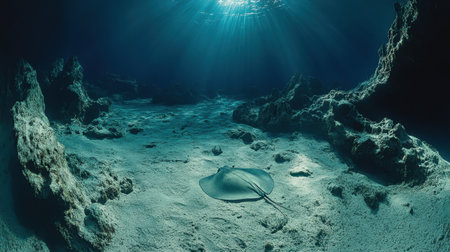 This stunning underwater scene features a graceful stingray gliding softly across the sandy ocean floor, illuminated by sunlight filtering from above.の素材