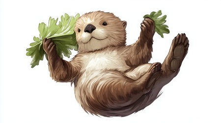 This charming cartoon otter exudes joy as it playfully holds fresh vegetables, showcasing a delightful and friendly personality that's perfect for children's illustrations.の素材