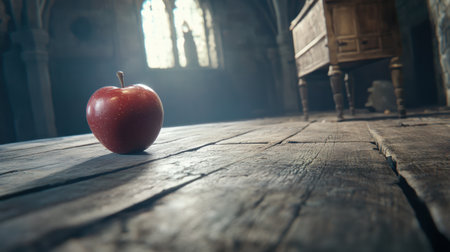 A vibrant red apple placed on a weathered wooden table creates a serene atmosphere in this beautifully lit historical setting. The soft light highlights textures and evokes a sense of calm, making it perfect for food and lifestyle imagery.の素材