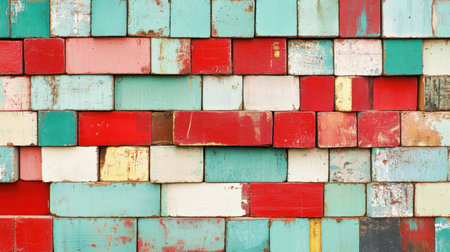 Close-up view of colorful wooden blocks stacked together, showcasing a variety of textures and patterns, perfect for creative design projects and backgrounds.の素材